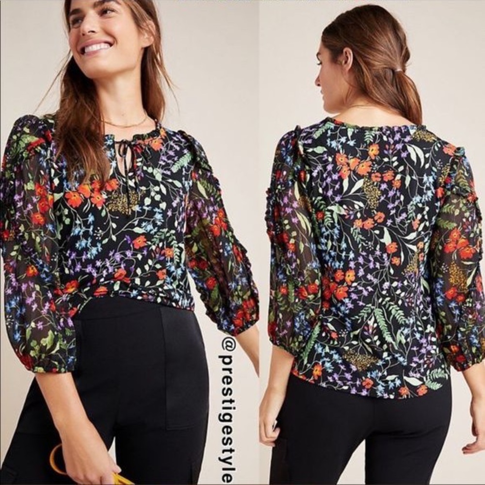 Anthropologie Maeve Black Multicolor Floral Long Sleeve Blouse sz XS/S